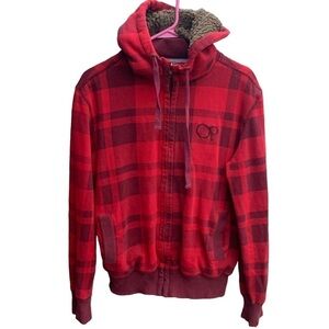 Ocean Pacific Full Zip Red Plaid Sherpa Lined Hoodie Sweatshirt Size Small